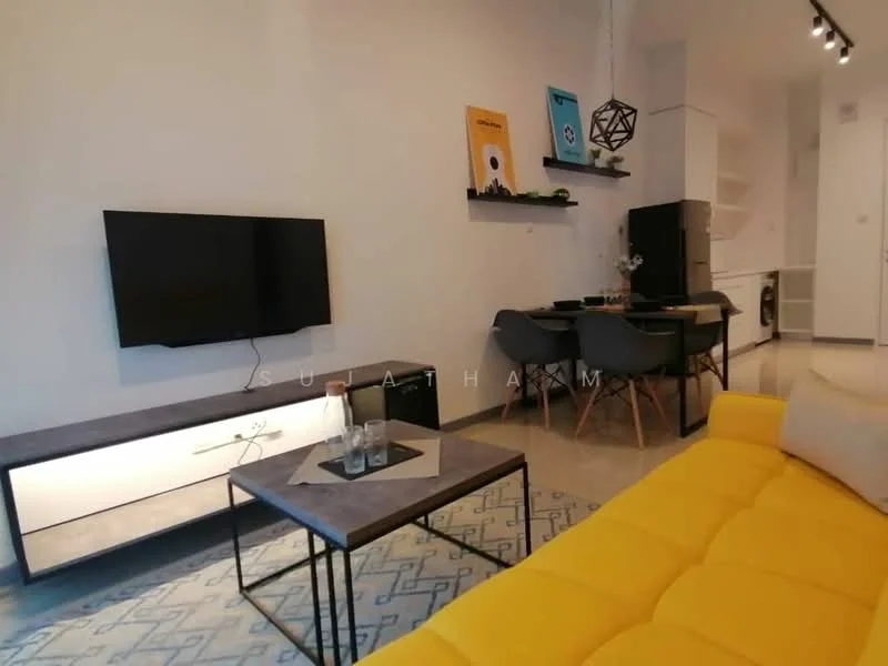 Living features: yellow fabric sofa, coffee table with black metal legs, area rug with geometric pattern, wall-mounted flat-screen TV, TV console with integrated lighting, dining table for four, black dining chairs, decorative wall art, pendant light fixture, open shelving unit, white walls, tile flooring; style: modern.