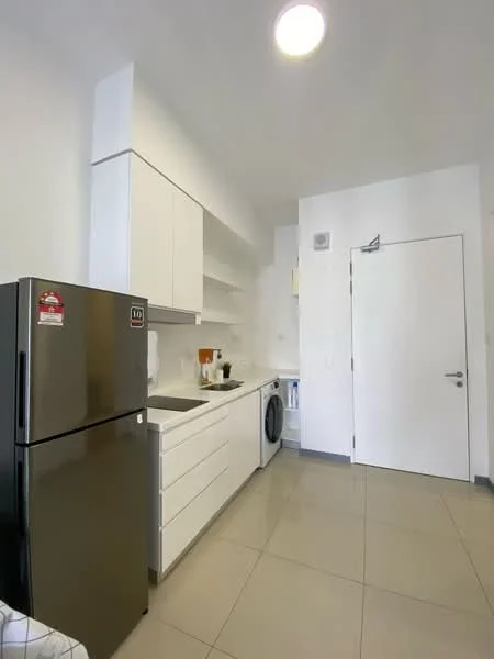 Kitchen features: white cabinetry, stainless-steel fridge, built-in washing machine, white countertop, ceramic tile flooring, open shelving, single-bowl stainless-steel sink, chrome pull-down faucet, recessed downlights, white walls, door with handle, modern design; style: modern.