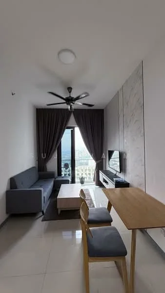 Living features: 3-seater fabric sofa in grey, coffee table, wall-mounted TV, TV console, area rug, 5-blade ceiling fan, floor-to-ceiling windows, curtains, marble accent wall, polished tile flooring; style: modern; view: city.