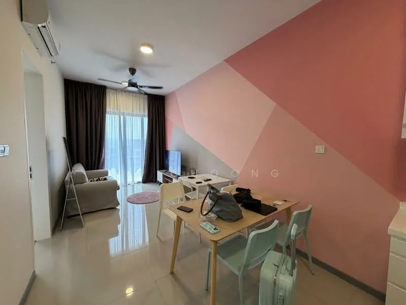 Living features: light grey fabric sofa, round area rug in pink, wall-mounted TV, coffee table, dining table with four chairs, ceiling fan with light, recessed downlights, floor-to-ceiling windows with sheer curtains, white painted walls with pink accent wall, glossy tile flooring; style: modern; view: city.