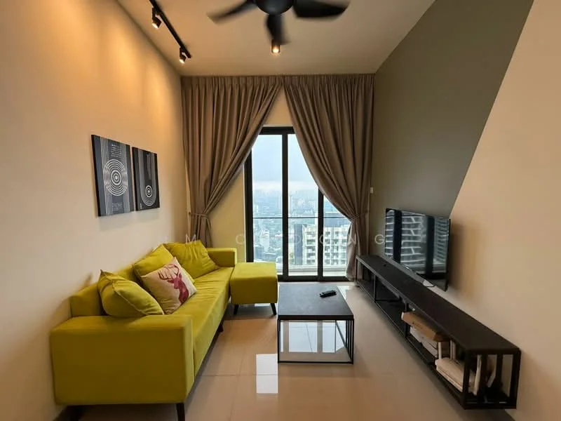 Living features: green fabric sofa, coffee table with glass top, TV console, wall-mounted TV, floor-to-ceiling windows, curtains, recessed downlights, ceiling fan, cream painted walls, light-colored tile flooring; style: modern; view: city.