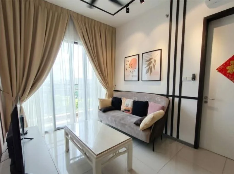 Living features: grey fabric sofa, decorative cushions, white coffee table, floor-to-ceiling windows, sheer curtains, framed artwork on walls, white walls, tile flooring, recessed downlights, black accent wall with vertical lines, air conditioning unit; style: modern; view: city.
