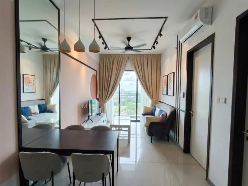 Living features: floor-to-ceiling windows, curtains, 5-blade ceiling fan with light, wall-mounted TV, TV console, sofa with cushions, coffee table, dining table with chairs, decorative wall art, light-colored walls, tile flooring, recessed ceiling lights; style: modern; view: city.