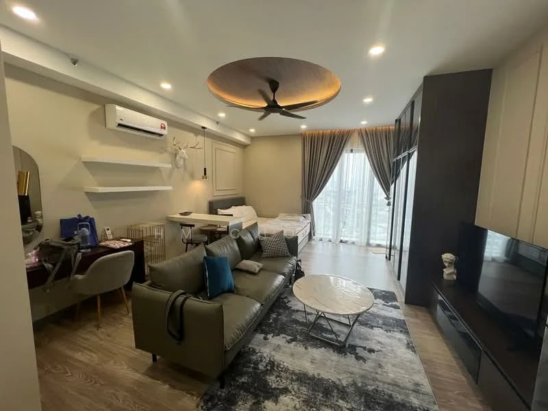 Living features: 3-seater leather sofa in grey, coffee table, wall-mounted TV, entertainment unit, area rug with abstract pattern, 5-blade ceiling fan with light, recessed downlights, floor-to-ceiling windows with sheer curtains, wooden flooring, decorative wall with mounted shelves, dining table with chairs, decorative mirror; style: modern; view: city. Bedroom features: queen-size bed, upholstered headboard, bedside lamps, built-in wardrobe, sliding mirror wardrobe.