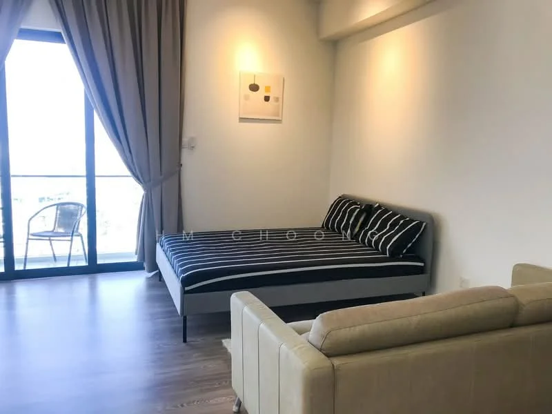 Bedroom features: queen-size bed with black and white striped bedding, sofa in light beige fabric, floor-to-ceiling windows, curtains in light brown, wooden flooring, wall-mounted artwork, balcony access, chair on balcony; style: modern; view: city.