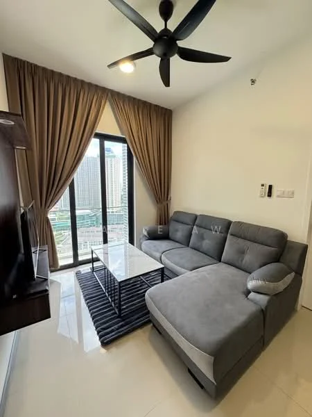 Living features: 3-seater grey fabric sofa with chaise, glass coffee table, black area rug with stripes, floor-to-ceiling windows, sheer curtains, black ceiling fan with 5 blades, wall-mounted TV console, decorative wall panel, light-colored walls, glossy tile flooring; style: modern; view: city.