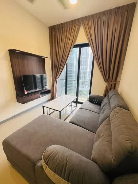 Living features: L-shape sectional sofa in grey, coffee table with glass top, wall-mounted TV, wooden TV console, floor-to-ceiling windows, sheer curtains, city view, light-colored walls, recessed ceiling lights; style: modern; view: city.