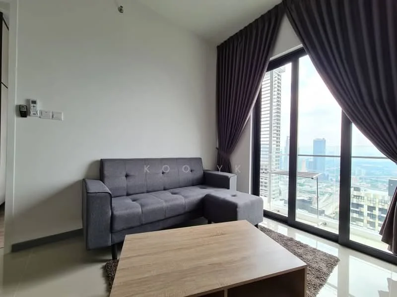 Living features: grey fabric 2-seater sofa, wooden coffee table, area rug, floor-to-ceiling windows, city skyline view, dark brown curtains, white painted walls, glossy tile flooring; style: modern; view: city.