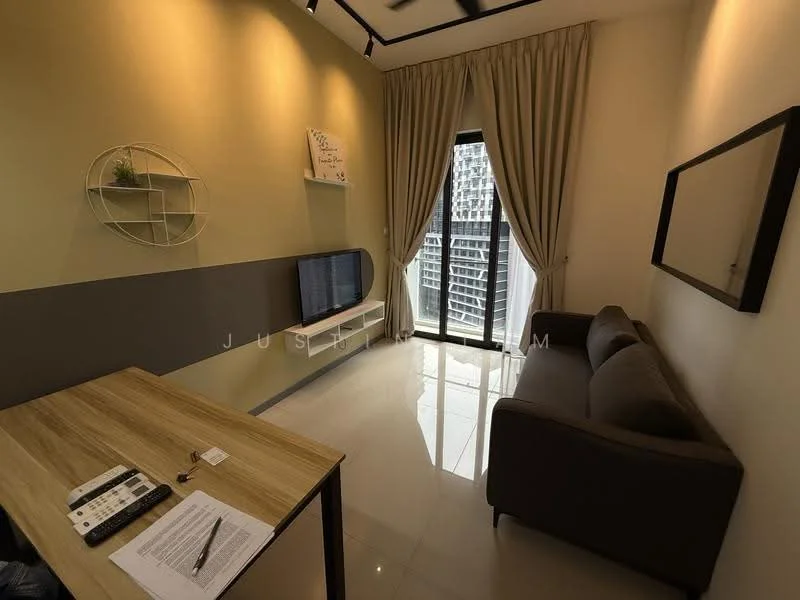 Living features: grey accent wall, cream painted walls, polished tile flooring, floor-to-ceiling windows, sheer curtains, 3-seater fabric sofa in grey, wall-mounted TV, wooden coffee table, decorative wall shelf, framed mirror, LED ceiling lights; style: modern; view: city.