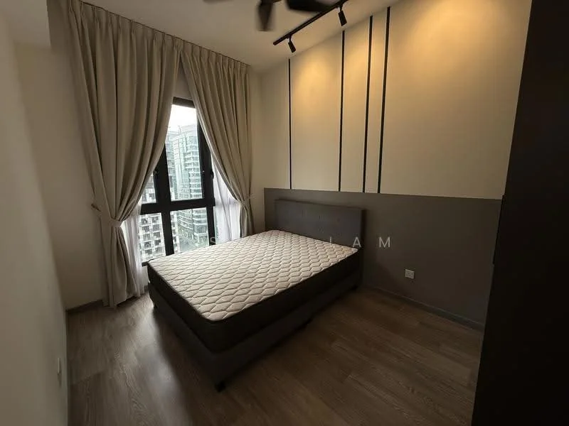 Bedroom features: queen-size bed, grey upholstered bed frame, floor-to-ceiling window, sheer curtains, wooden flooring, accent wall with grey paint, light fixture with track lighting, neutral wall colour; style: modern; view: city.