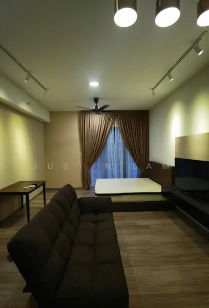 Living features: 3-seater fabric sofa in brown, wooden coffee table, wall-mounted TV console, floor-to-ceiling window with sheer curtains, recessed downlights, 5-blade ceiling fan, light brown laminate flooring, neutral painted walls, decorative wall paneling; style: modern.
