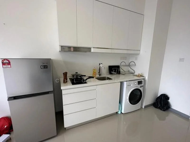 Kitchen features: white cabinetry, stainless-steel fridge, single-bowl stainless-steel sink, chrome pull-down faucet, built-in stove, white countertop, washing machine, grey tile flooring; style: modern.