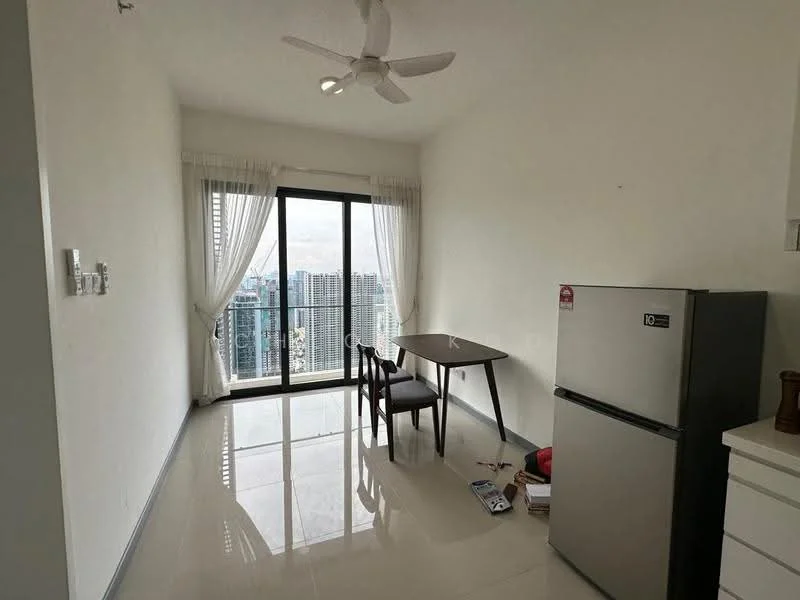Dining features: white painted walls, glossy tile flooring, 5-blade ceiling fan with light, floor-to-ceiling windows, sheer curtains, rectangular dining table, 2 dining chairs, stainless-steel fridge; style: modern; view: city.