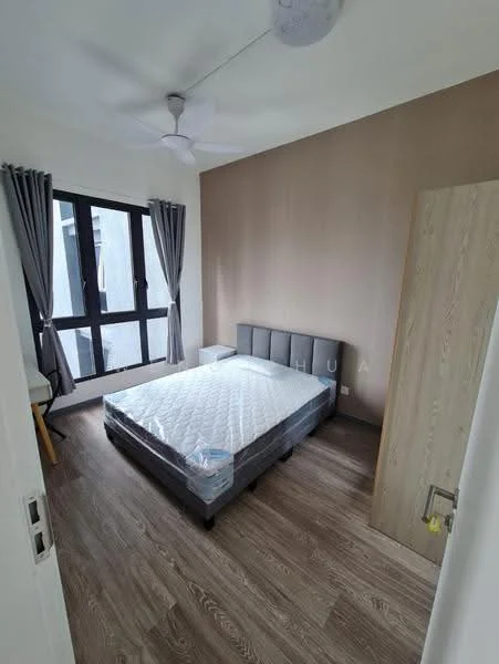 Bedroom features: queen-size bed with mattress protector, grey upholstered headboard, wooden flooring, white painted walls, accent wall in brown, floor-to-ceiling windows, grey curtains, ceiling fan, built-in wardrobe with wood finish, decorative light fixture; style: modern.