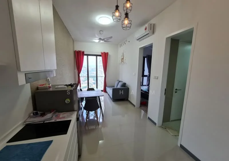 Kitchen features: white cabinetry, black countertop, stainless-steel sink, chrome pull-down faucet, built-in stove, refrigerator, pendant lighting, wall-mounted split AC, tile flooring, window with city view; style: modern; view: city. Dining features: 4-seater dining table, grey dining chairs, decorative wall art, pendant light fixture, open layout; style: modern; view: city. Living features: sofa, coffee table, wall-mounted TV, floor-to-ceiling windows, light-colored walls; style: modern; view: city.
