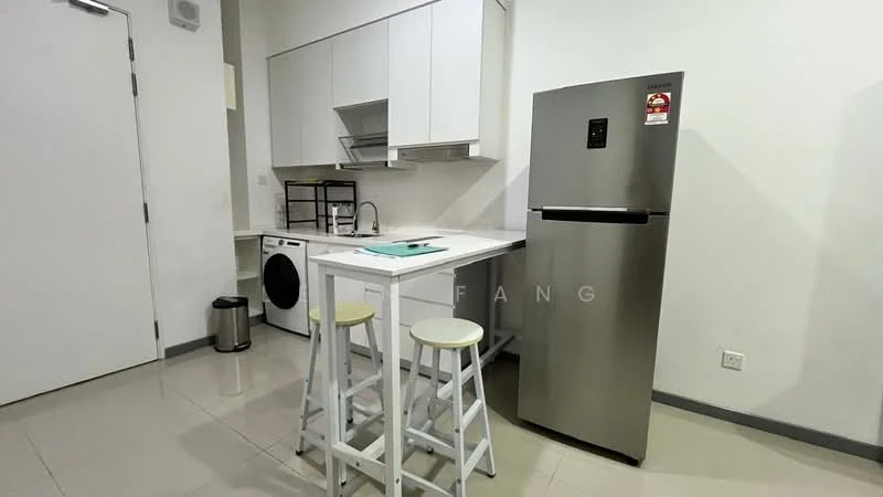 Kitchen features: white cabinetry, stainless-steel fridge, single-bowl stainless-steel sink, chrome pull-down faucet, white countertop, washing machine, bar stools, tile flooring, white walls, recessed downlights; style: modern.