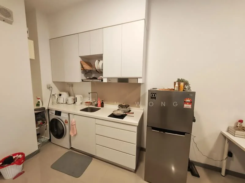 Kitchen features: white cabinetry, stainless-steel fridge, built-in oven, 4-burner gas hob, single-bowl stainless-steel sink, chrome pull-down faucet, white countertop, washing machine, dishwasher, tile backsplash, grey tile flooring, wall-mounted shelves, open shelving, decorative plants; style: modern.