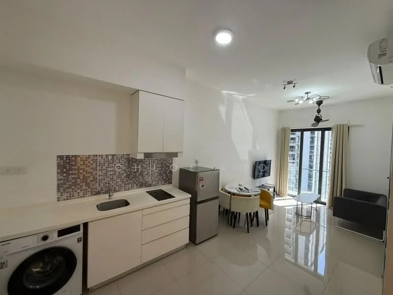 Kitchen features: white cabinetry, grey mosaic tile backsplash, stainless-steel sink, chrome pull-down faucet, built-in oven, stainless-steel fridge, front-load washing machine, 4-burner gas hob, recessed downlights, white walls, polished tile flooring, ceiling fan with light; style: modern; view: city. Dining features: round dining table, upholstered dining chairs, floor-to-ceiling windows, curtains, area rug; style: modern; view: city. Living features: 2-seater fabric sofa, coffee table, wall-mounted TV, white walls, polished tile flooring; style: modern; view: city.