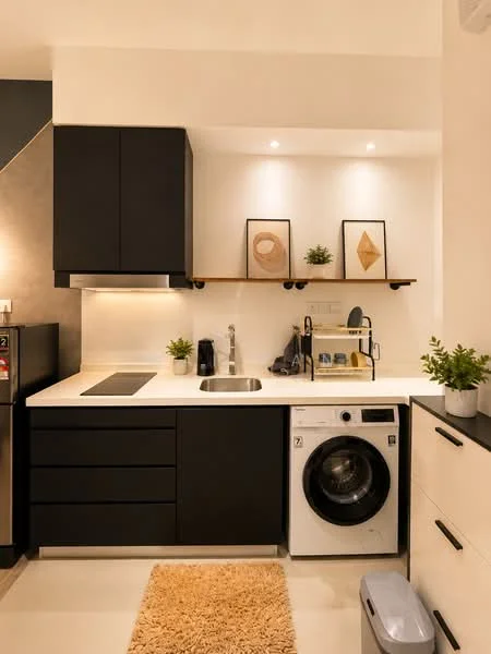 Kitchen features: black cabinetry, white countertop, single-bowl stainless-steel sink, chrome pull-down faucet, built-in cooktop, front-load washing machine, open shelving, decorative wall art, small indoor plants, beige area rug, recessed lighting; style: modern.