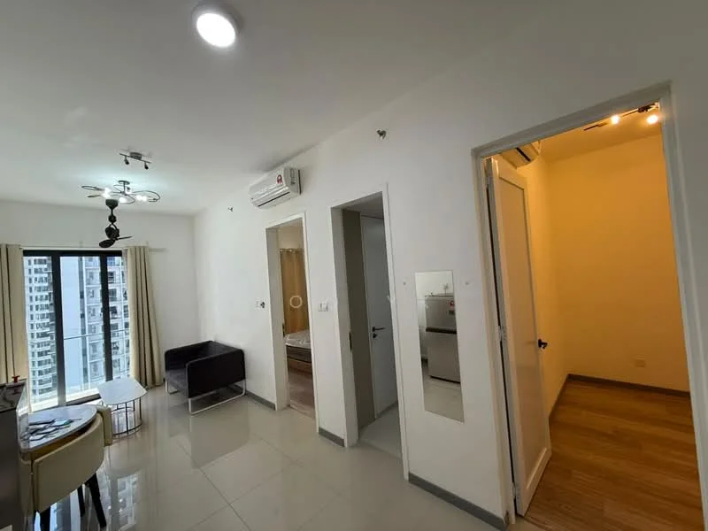 Living features: white painted walls, grey tiled flooring, 5-blade ceiling fan with light, floor-to-ceiling windows, curtains, dining table with chairs, black sofa, recessed lighting; style: modern; view: city. Hallway features: white painted walls, wood laminate flooring, doorways to adjacent rooms, mirror panel, recessed lighting; style: modern. Bathroom features: cream painted walls, grey tiled flooring, door, light fixture.