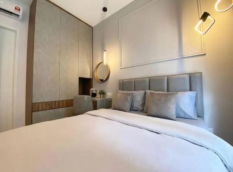 Bedroom features: king-size bed with upholstered headboard, grey bedding, decorative wall paneling, built-in wardrobe with sliding doors, round wall mirror, pendant lighting, recessed ceiling lights, neutral wall color, wood accent trim; style: modern.