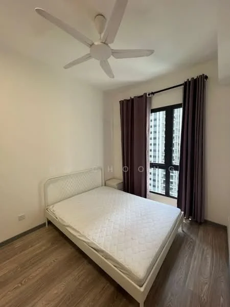 Bedroom features: queen-size bed frame without mattress, 5-blade ceiling fan, floor-to-ceiling window, dark purple curtains, light grey painted walls, laminate flooring, built-in wardrobe, decorative wall paneling; style: modern; view: city.