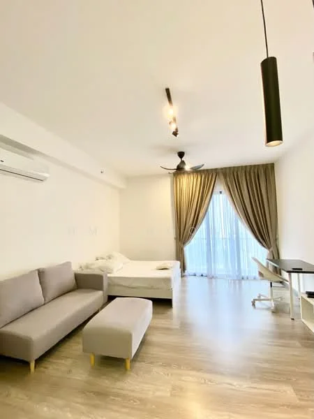 Living features: 3-seater fabric sofa in grey, ottoman in beige, wooden flooring, white painted walls, ceiling fan with light, recessed downlights, floor-to-ceiling windows, sheer curtains, study desk, chair; style: modern.