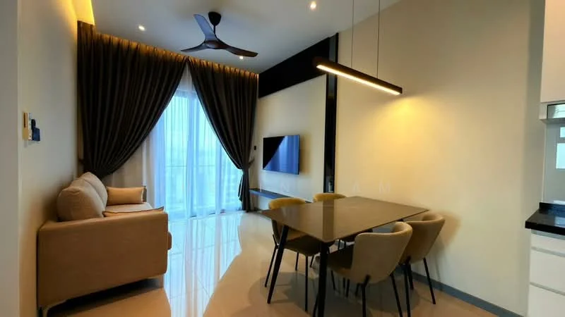 Dining features: dining table with black surface, 4 upholstered dining chairs in beige, pendant light fixture, floor-to-ceiling windows, sheer curtains, grey accent wall, polished tile flooring, wall-mounted TV, sofa in light beige, recessed downlights, ceiling fan with light; style: modern; view: city.
