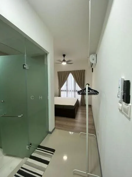 Room features: light-colored walls, laminate flooring, ceiling fan, large window with sheer curtains, bed with dark wood frame, glass door, clothes rack, striped area rug, wall-mounted intercom, wall-mounted electrical panel; style: modern.