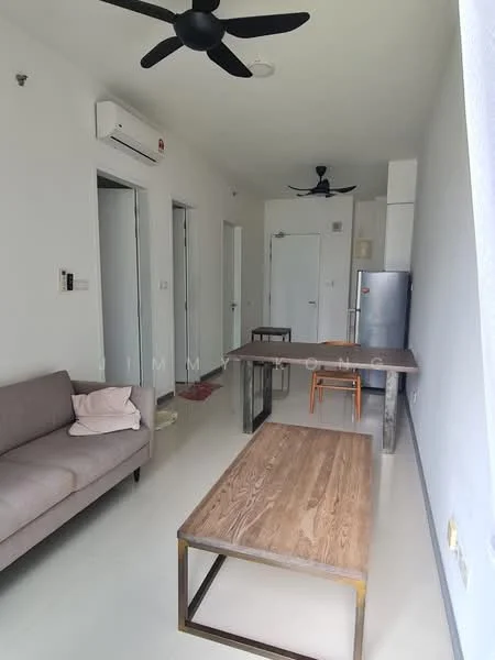 Living features: 3-seater fabric sofa in light grey, 2 wooden coffee tables, wall-mounted split AC, ceiling fan with 3 blades, white painted walls, glossy tile flooring, refrigerator, doorways leading to other rooms; style: modern.