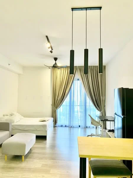 Living features: queen-size bed, upholstered headboard, 2-seater fabric sofa in grey, coffee table, wall-mounted TV, dining table with 2 chairs, black refrigerator, floor-to-ceiling windows, sheer curtains, wooden flooring, 5-blade ceiling fan with light, recessed downlights, decorative wall art; style: modern; view: city.