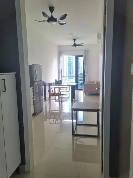 Living features: glossy tile flooring, white painted walls, 2 ceiling fans, floor-to-ceiling windows, sheer curtains, sofa, dining table with chairs, refrigerator, coffee table; style: modern; view: city.