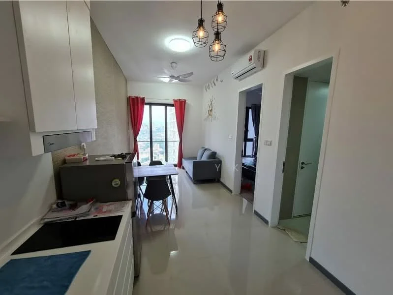 Kitchen features: white cabinetry, black countertop, built-in stove, stainless-steel sink, single-bowl stainless-steel sink, chrome pull-down faucet, recessed downlights; style: modern; view: city. Dining features: 4-seater dining table, grey dining chairs, pendant lighting, floor-to-ceiling windows, sliding glass door, white walls, polished tile flooring; style: modern; view: city. Living features: grey fabric sofa, wall-mounted air conditioning unit, decorative wall art, white walls, polished tile flooring; style: modern; view: city.