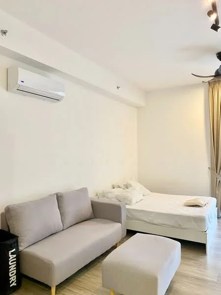 Bedroom features: light wood flooring, white painted walls, 1 wall-mounted split AC, queen-size bed, sofa in light grey fabric, ottoman in light grey fabric, floor-to-ceiling window with sheer curtains, decorative wall-mounted item, bedside table, bed linens; style: modern.