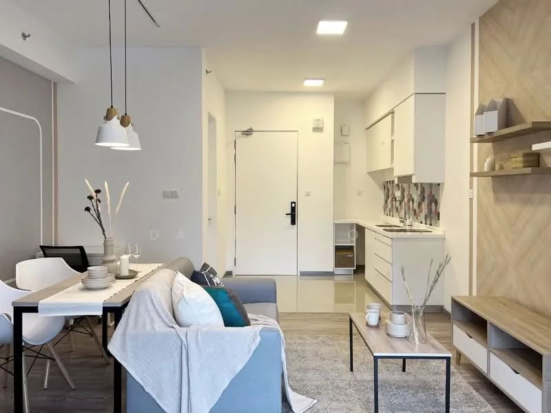 Living features: grey fabric sofa, white throw blanket, wooden coffee table, white dining table, 4 white dining chairs, pendant light fixture, wall-mounted shelving unit, decorative vases, kitchen cabinetry with white finish, kitchen backsplash with patterned tiles, recessed ceiling lights, floor-to-ceiling windows, light-colored flooring, white painted walls; style: modern.