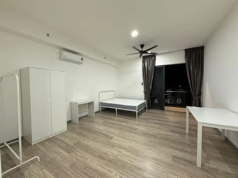 Bedroom features: white painted walls, laminate flooring, 5-blade ceiling fan with light, 1 wall-mounted split AC, single bed frame, white wardrobe, white study desk, white bedside table, floor-to-ceiling windows with curtains; style: modern; view: city.