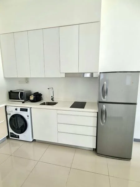 Kitchen features: white cabinetry, stainless-steel fridge, built-in oven, microwave, single-bowl stainless-steel sink, chrome pull-down faucet, ceramic tile flooring, countertop with integrated cooktop, washing machine, under-cabinet lighting; style: modern.