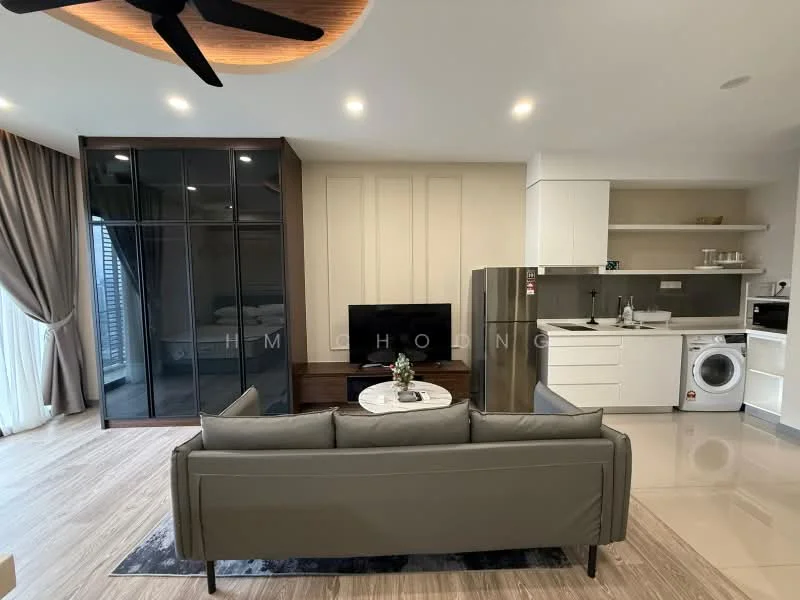 Living features: 3-seater grey fabric sofa, coffee table, wall-mounted TV, TV console, floor-to-ceiling windows, curtains, light wood flooring, ceiling fan with light, built-in cabinetry, refrigerator, built-in oven, microwave, washing machine, white cabinetry, countertop with sink; style: modern; view: city.