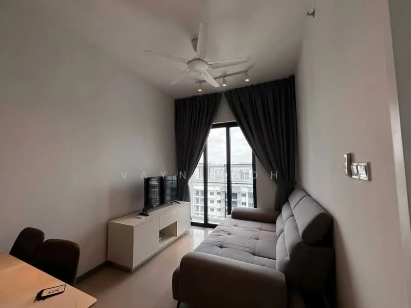 Living features: grey fabric sectional sofa, wall-mounted TV, white TV console, floor-to-ceiling windows, sheer curtains, 5-blade ceiling fan with light, recessed downlights, glossy tile flooring, neutral painted walls; style: modern; view: city.