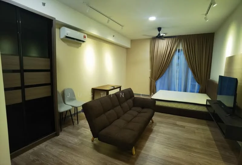 Living features: brown fabric sofa, wooden legs on sofa, wall-mounted TV, black TV console, light wood flooring, white painted walls, curtains in beige, floor-to-ceiling window, 1 wall-mounted split AC, ceiling fan, built-in wardrobe with sliding doors; style: modern.