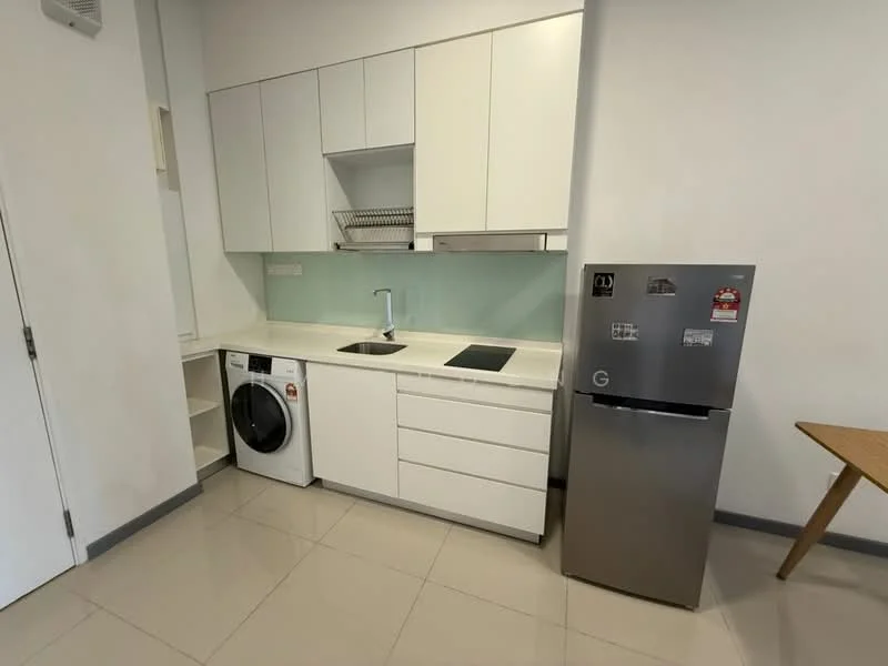 Kitchen features: white cabinetry, single-bowl stainless-steel sink, chrome pull-down faucet, built-in induction hob, built-in oven, stainless-steel fridge, front-load washing machine, white tiled backsplash, light-colored countertop, ceramic tile flooring, open shelving, under-counter storage; style: modern.