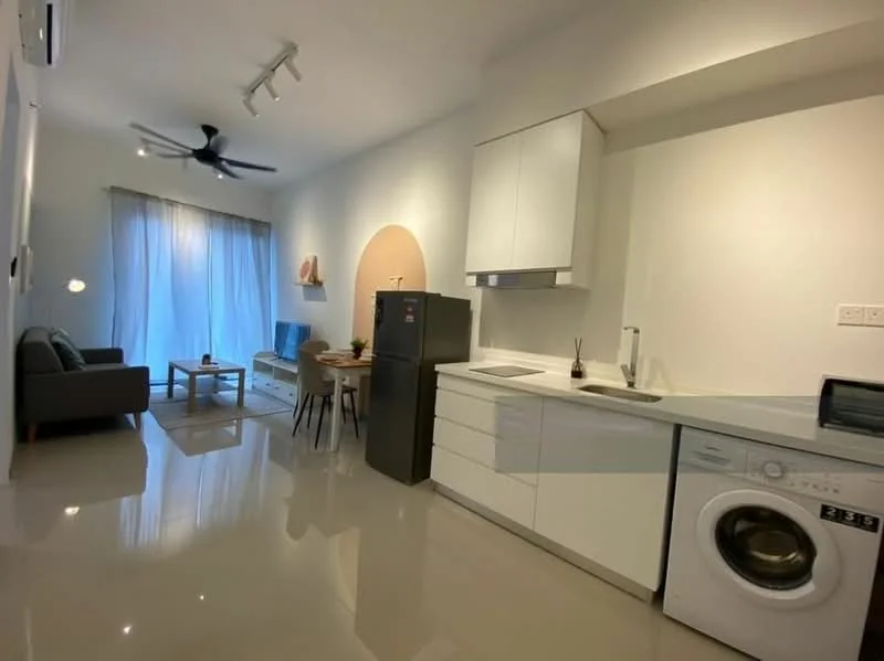 Living features: grey fabric sofa, coffee table, floor-to-ceiling windows, sheer curtains, 5-blade ceiling fan with light, recessed downlights, white painted walls, glossy tile flooring, dining table with chairs, stainless-steel fridge, built-in white cabinetry, single-bowl stainless-steel sink, built-in microwave, front-load washing machine; style: modern; view: city.