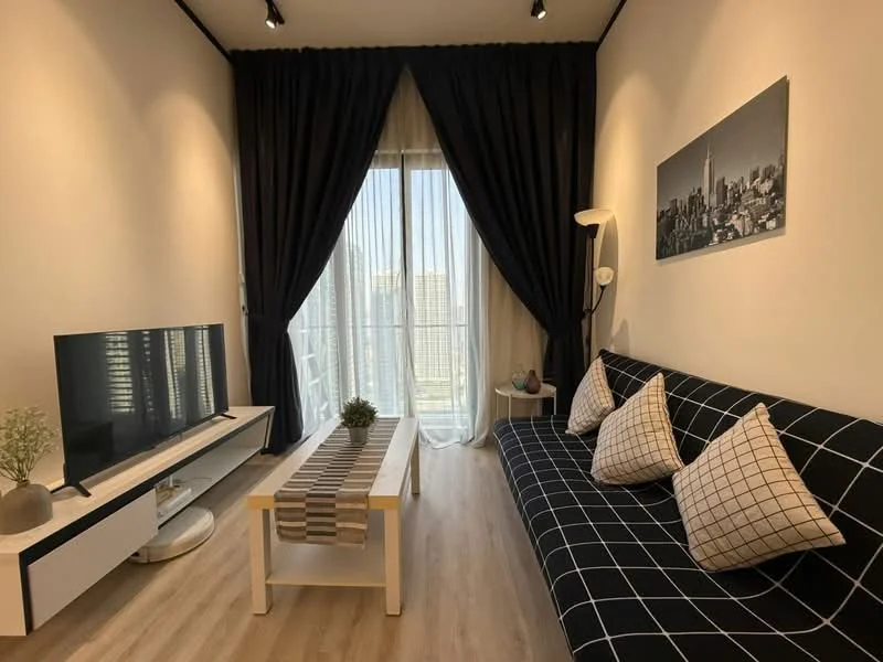 Living features: black and white checkered sofa, 3-seater sofa, decorative cushions, white coffee table, flat-screen TV on white TV console, floor-to-ceiling windows, sheer curtains, blackout curtains, laminate flooring, wall-mounted lamp, framed artwork on wall, recessed lighting; style: modern; view: city.