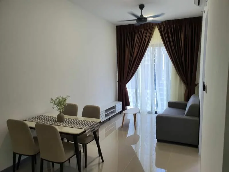 Living features: grey fabric sofa, 4-seater dining table, beige upholstered dining chairs, white TV console, light-colored area rug, floor-to-ceiling windows, sheer curtains, dark brown heavy curtains, ceiling fan with light, polished tile flooring, decorative plant on table; style: modern.