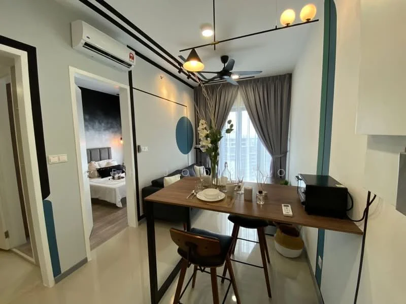 Dining features: wooden dining table, 2 dining chairs, pendant light fixture, wall-mounted air conditioning unit, grey painted walls, white ceiling, floor-to-ceiling windows with sheer curtains, decorative wall art, open-plan layout, light-colored flooring; style: modern; view: city. Living features: black sofa, decorative cushions, coffee table, wall-mounted TV, grey accent wall, floor-to-ceiling windows with sheer curtains; style: modern; view: city. Bedroom features: queen-size bed, upholstered headboard, bedside lamps, built-in wardrobe, grey accent wall, floor-to-ceiling windows with sheer curtains; style: modern; view: city.