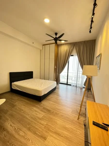 Bedroom features: queen-size bed, wooden flooring, white painted walls, ceiling fan, floor-to-ceiling windows, curtains, built-in wardrobe, side table, lamp, TV console; style: modern; view: city.