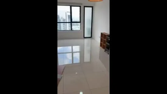 Room features: large floor-to-ceiling window, white painted walls, glossy tile flooring, modern pendant light, minimalist shelving unit, neutral color palette, open layout, natural light; style: modern; view: city.