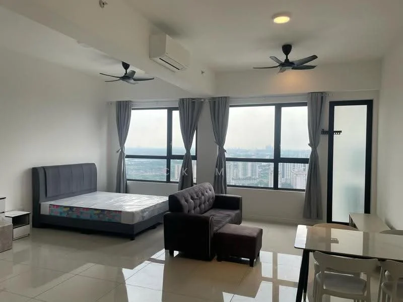 Living features: grey upholstered sofa, dark brown ottoman, white dining table, 4 dining chairs, queen-size bed with mattress, floor-to-ceiling windows, grey curtains, 2-blade ceiling fans, wall-mounted air conditioning unit, glossy tile flooring, neutral painted walls, city view; style: modern; view: city.