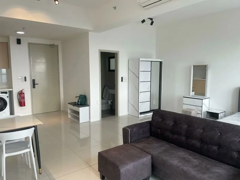 Living features: 3-seater fabric sofa in dark grey, white dining table with chairs, wall-mounted air conditioning unit, white tiled flooring, mirror-fronted wardrobe, freestanding mirror, washing machine, built-in cabinet, fire extinguisher on wall, neutral painted walls, recessed ceiling lights; style: modern.