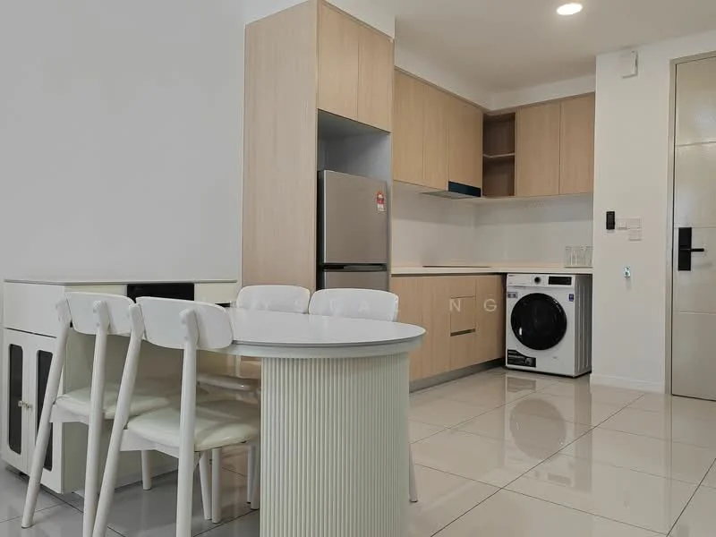 Kitchen features: light wood cabinetry, white countertop, stainless-steel fridge, built-in washing machine, ceramic tile flooring, white walls, recessed downlights, open shelving, dining table with white chairs; style: modern.